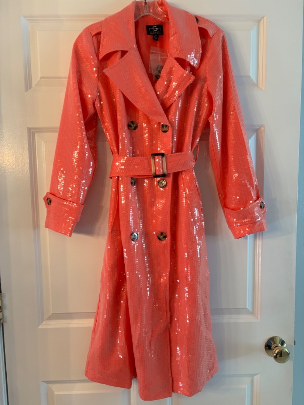 G by Giuliana NEW Black Label Pink Sequined Trench Coat XXS New in Package